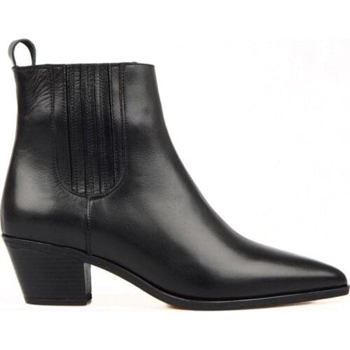 FootCourt- Black Ankle Stretch Women Boots Genuine Leather Medium Toe Boots Female High Heel Western Cowgirl Boots Lady Booties