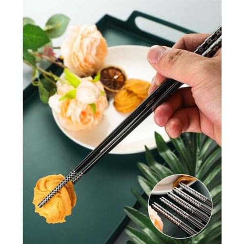 Black Korean 304 Stainless Steel Sanding Square Non Slip Chopsticks Auspicious Flower Laser Design Japan