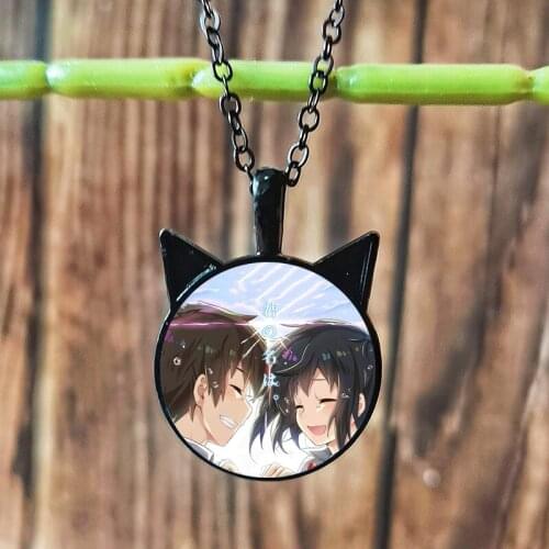 Cute Girl Your Name Movie Necklace Kimi No Na Wa Figure Art Poster Glass Time Gem Cat Ear Pendant Chain Anime Jewelry