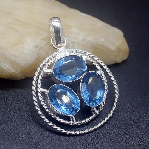 Gemstonefactory Jewelry Big Promotion 925 Silver Amazing Shiny Blue Topaz Women Ladies Mom Gifts Necklace Pendant 0443