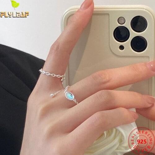 Moonstone 100% 925 Sterling Silver Rings For Women Fine Jewelry Pull-out Chain Adjustable Ring Student Female Gift