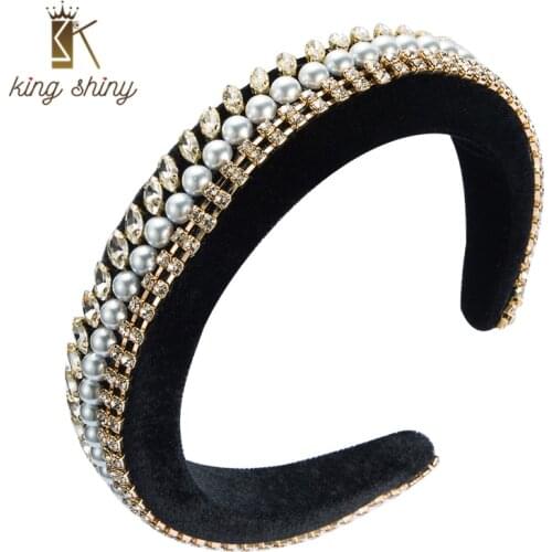 King Shiny Baroque Single Row Imitation Pearl Headband Elegant Sparkly Rhinestone Padded Hairband Woman Party Headpiece Headwear