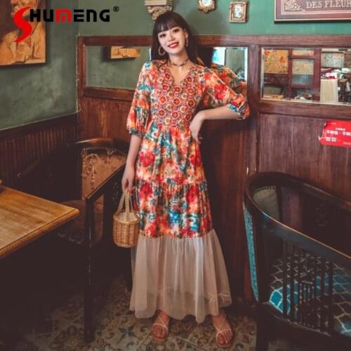 Summer 2021 New Ethnic Style Travel Vacation Stitching Mesh Floral Print Dress Desert Travel Grassland