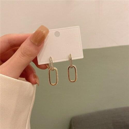 Minimalist CZ Zircon Chain Dangle Earrings for Women Gold Metal Imitation Pearls Hollow Out Chunky Link Earrings Pendientes