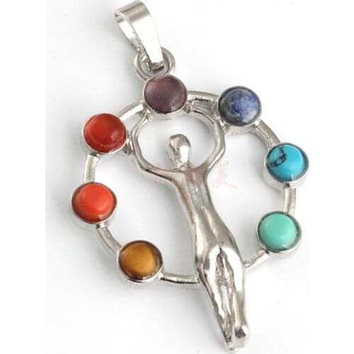 Trendy-beads Silver Plated 7 Stone Beads Surround Wisdom Sun of God Reiki Chakra Pendant Fashion Jewelry