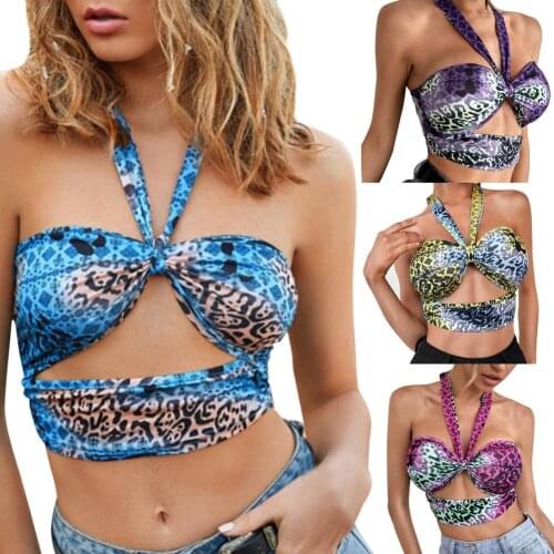 Fashion Sexy Leopard Print Halter Crop Tops For Women Sleeveless Backless Cut-Out Top Cropped Club Party Outfits Chest Wrap Top