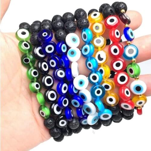 Natural Lava stone beads Healing Balance Chakra charm bracelet 8mm Evil eye bead Tibetan Buddha Prayer Bracelet for women men