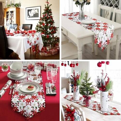 2021 New Christmas Embroidered Table Runners Poinsettia Holly Leaf Table Linens for Christmas Decorations 15 x 69 Inch