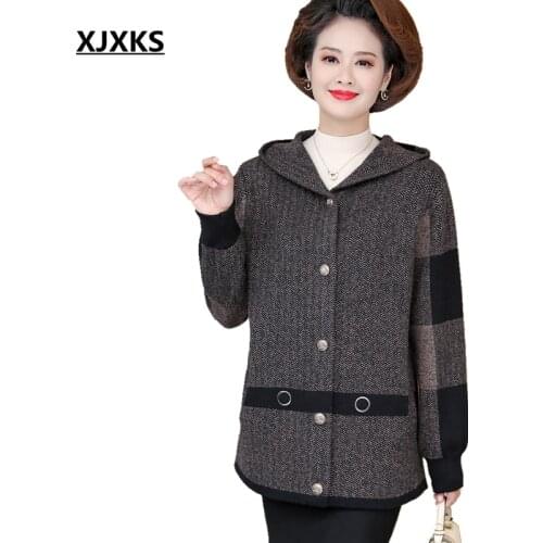 XJXKS Autumn And Winter New Style Wool Hooded Cardigan Womens Long-sleeved Plaid Knitted Coat Sweater Soft Fashion Coats