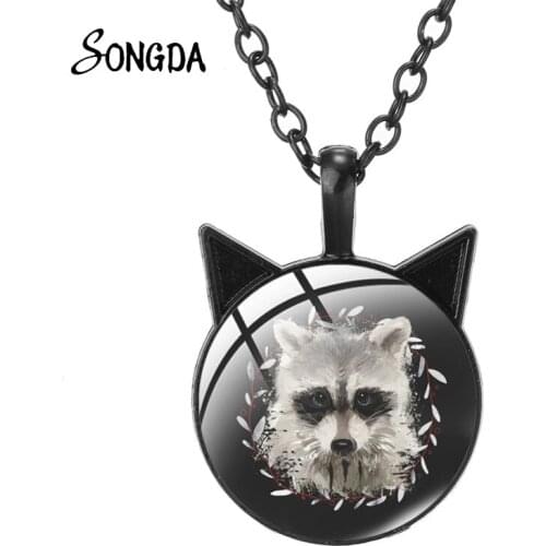 Kawaii Raccoon Cat Ear Necklace Wild Animal Art Photo Pendant Necklaces Round Glass Dome Choker For Kids Birthday Jewelry Gifts