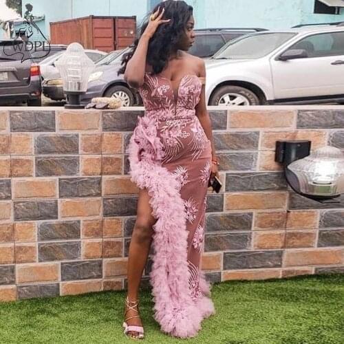 African Couture Prom Dresses Long High Split Embroidery Ruffled Tulle Evening Dress Aso Ebi Style Celebrity Gown Plus Size