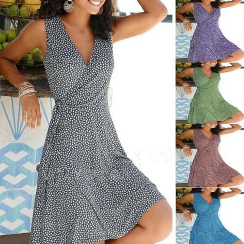 New Casual Dot Summer Dress 2021 Women V Neck Polka Sleeveless Bandage Beach Dress Robe Femme Bohemian Dresses For Women Vestido