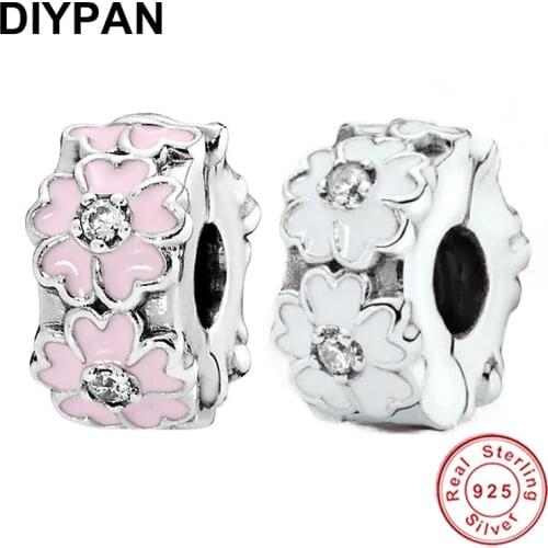 Fit Original Pandora Charms Bracelets 925 Sterling Silver Pink or White Flower Clip Charm Bead Bangle Women Jewelry Berloque