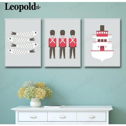 Nordic Cartoon Fish Boat Canvas Poster Fish School Soldier Painting Wall Art Modern Childrens Room Home Decoration Accessories