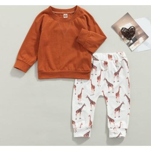 2Pcs Little Girls Boys Casual Outfit Spring Autumn Solid Color Long Sleeve Hoodie Tops+Little Fawn Printing Trousers Clothes Set