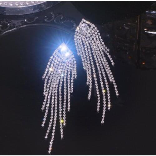 Luxury Big Long Tassel Dangle Drop Earrings for Women Shiny Crystal Rhinestone Hanging Earring Wedding Party Jewelry Accessories