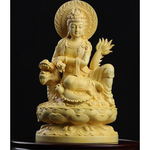 Boxwood 13cm Dragon Guanyin Sculpture Wood Buddha Statue Guan Yin Lucky Worship Feng Shui Home Decor