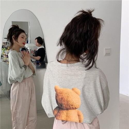 Loose retro cute cartoon bear ins print T-shirt