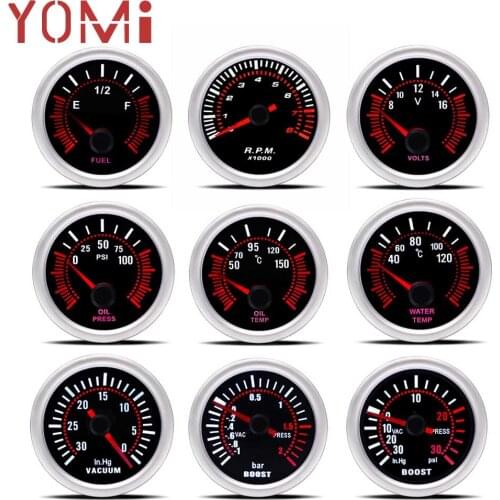 YOMI 2" 52mm Smoke lens Boost gauge bar psi Vacuum Water temp Oil temp Oil press Voltmeter Fuel level Tachometer rpm gauge