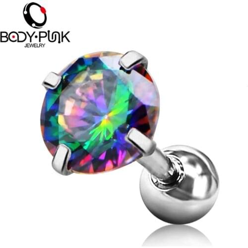 Body Punk NEW Helix Cartilage Earrings 16G Stainless Steel Septum Iridesent CZ Barbell Stud Tragus Ear Rings Piercings Jewelry
