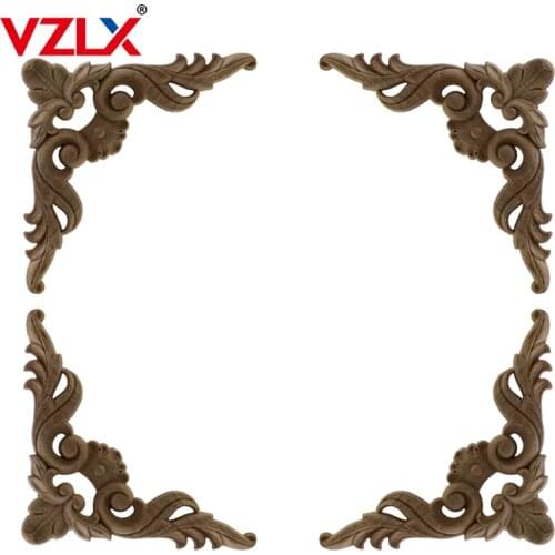 VZLX 4pcs Rubber Wood Oak Carved Corner Onlay Applique Furniture Home Door Decor DIY Decoration Maison Figurine Miniature