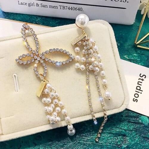 New arrival asymmetric crystal imitation butterfly earrings female tassel imitation pearl earrings statement earrings for women