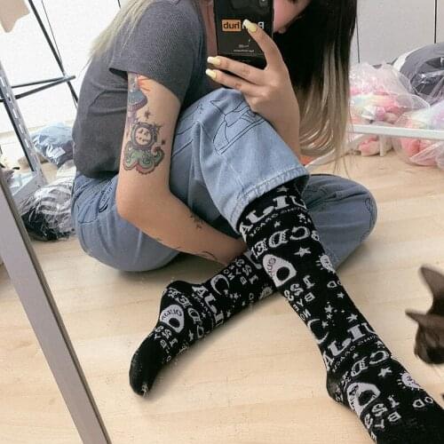 Gothic Stockings Women Fashion Funny Harajuku Sun Moon Letter Patterned Winter Stockings Female Casual Hipster Punk Streetwear