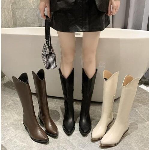 2021 INS Luxury Women Block High Heels Wedges Long Riding Boots Winter Knee High Boots Designer Beige Heels Western Cowboy Boots