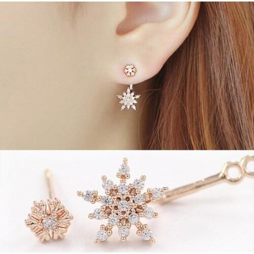 30 pairs/lot Rose Gold Silver Plated Snowflakes Stud Earrings Double Sided Crystal Snow Flower Earring Women Zircon Ear Jewelry