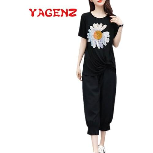 YAGENZ Plus size Two Piece Set Women Clothes Short sleeve Diamond Flower Tops And Pants Small daisies Two-piece suit Casual 745