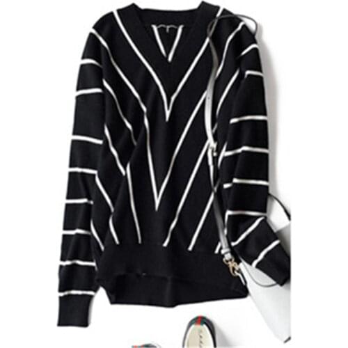 100%cashmere Vneck knit women fashion striped batwing sleeve pullover sweater S-XL retail wholesale