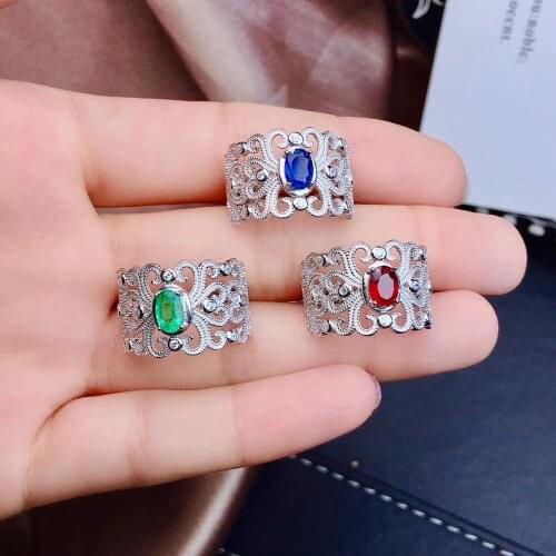 Natural blue sapphire Ring Natural Emerald Ring S925 silver Luxurious Restoring big wide Hollowing womens party Jewelry