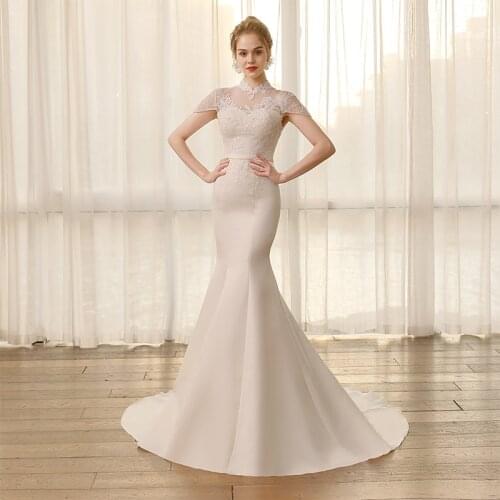 SL6815 new designer mermaid wedding dress plus size high neck lace bridal gown for women corset back satin cheap bride dresses