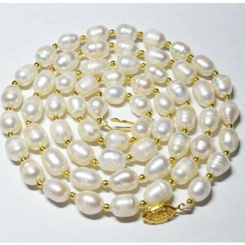 7x8mm white oval rice pearl gold beads mix necklace gold clasp natural Freshwater PEARL Women Jewelry 43cm 80cm 125cm 17'' 50