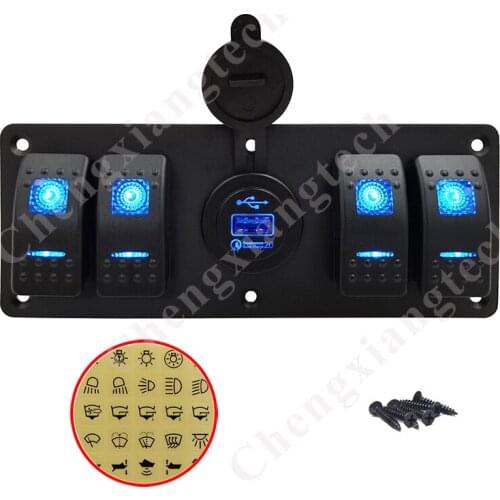 5 In 1 Aluminum 4 Gang Blue Led Rocker Switch + USB Fast Charger Sockets Panel Prewired + Stickers for Car Boat Bus Truck