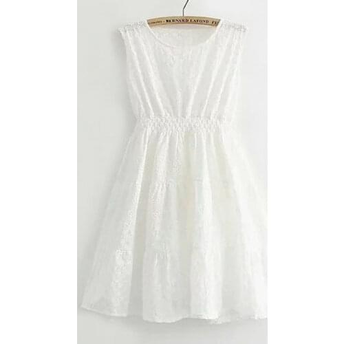 Free Shipping High Quality 2018 New Fashion Lace Cotton Embroidry Dresses Summer Short Sleeveless White Dress Japan Style O-neck