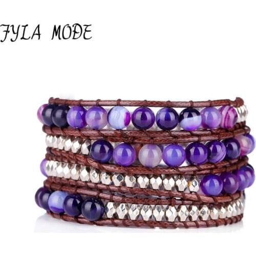 Fyla Mode Natural Purple Stone Bracelet 4 Strands Wax Cord Wrap Bracelet Handmade Beaded Wrap Bracelet Natural Stone Bracelet