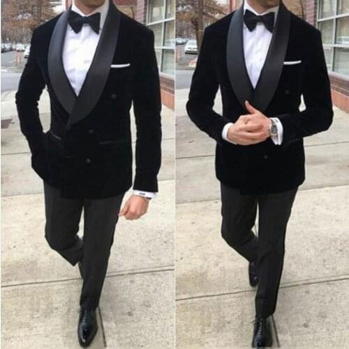 Black Velvet Prom Suits Men Suits For Wedding Shawl Lapel Plus Size Groom Tuxedos 2Piece Smoking Jacket Slim Fit Terno Masculino
