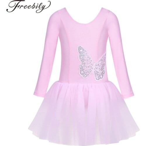 Kids Girls Cotton Tulle Long Sleeves Sequined Figure Ice Skating Dress Children Ballet Gymnastics Leotard Lyrical Dance Costumes