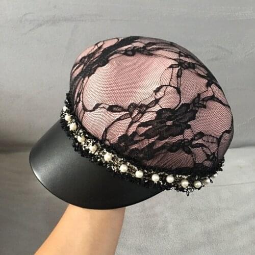 Elegant Lace Flower Women Winter Hat Warm Black Visor Pink Wool Cap Newsboy Hat Fashion Lady Pearl trim Beanie Dress Church Hat