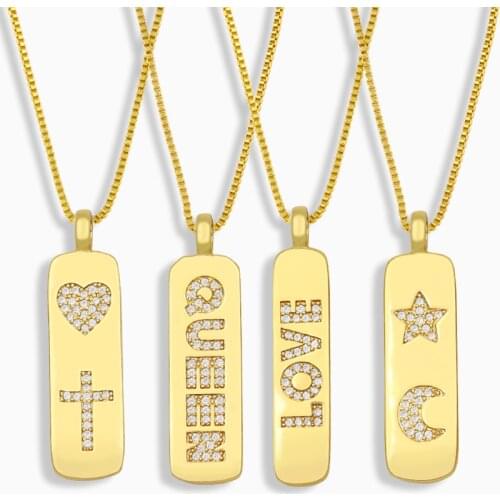 FLOLA CZ Rhinestone Heart Cross Necklace For Women Square Love Queen Pendant Necklace Copper Gold Plated Jewelry Gifts nkev27