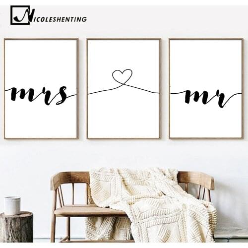 Mr Mrs Family Simple Quotes Wall Art Canvas Poster Minimalist Print Couple Anniversary Painting Picture for Living Room Decor