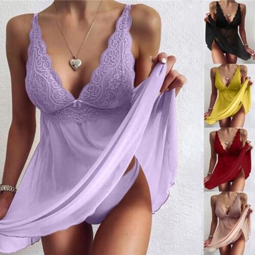 5XL Summer Women Sexy Lace Stitching Nightdress Deep V Sleeveless Sling Backless Sexy Lingerie Sheer Tulle Skirt Plus Size