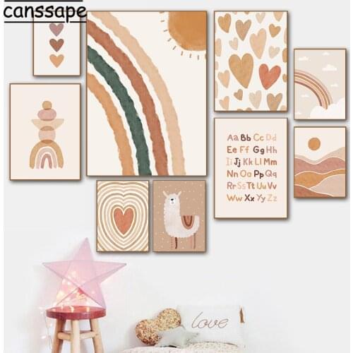 Boho Wall Art Canvas Painting Alpaca Poster Rainbow Print Heart Posters Alphabet Paintings Nursery Wall Pictures Baby Room Decor