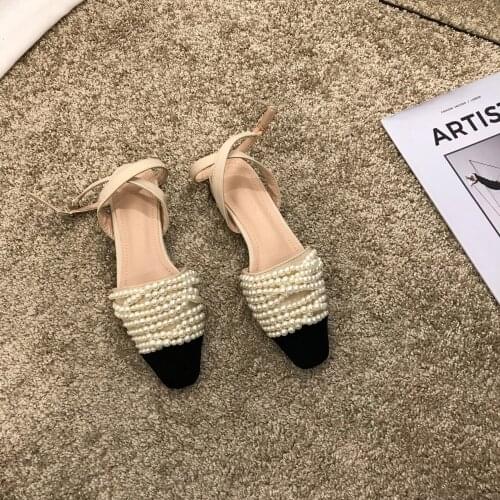 Flat-bottomed Shoes Woman 2021 New Summer Flats Sandals Pearl Square Toe Empty Single Shoes Genuine Leather String Bead Sandal