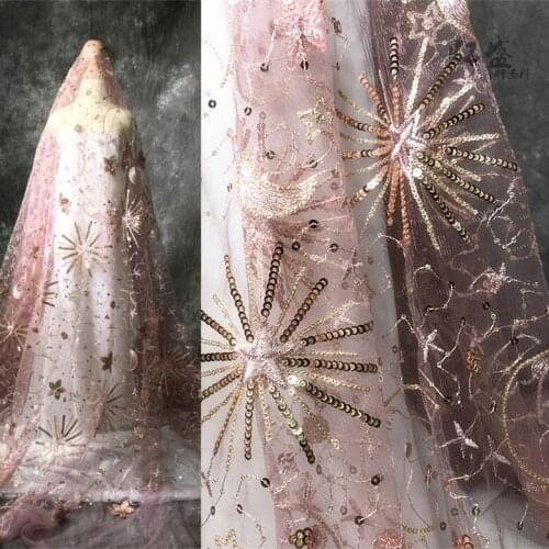 Naked Pink Star Moon Sequin Fabric Dress Perspective Sequin Dress Fashion Designer Fabric