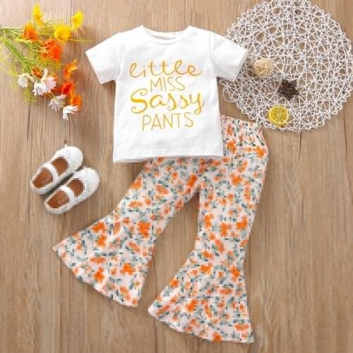 Summer Baby Girls Casual Clothes Set Letter Print Short Sleeve O-neck T-shirt + Floral Print Elastic Waist Flared Trousers