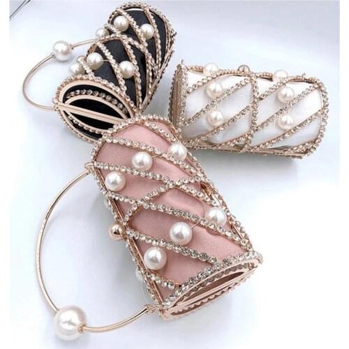 Luxury Designer Handbags for Women Crystal Pearl Hollow Out Clutch Cage Purse