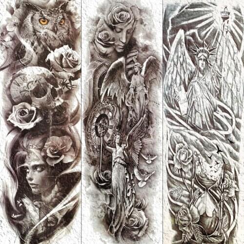 Sexy Men Women Temporary Tattoo Sticker Full Flower Arm Angel Statue Of Liberty Tatoo Paper Paste Body Art Makeup Fake Tattoos