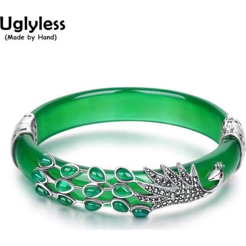 Uglyless Real 925 Sterling Silver Peacock Bangles Women Chalcedony Bangles Agate Bracelets Jade Fine Jewelry Chalcedony Phoenix